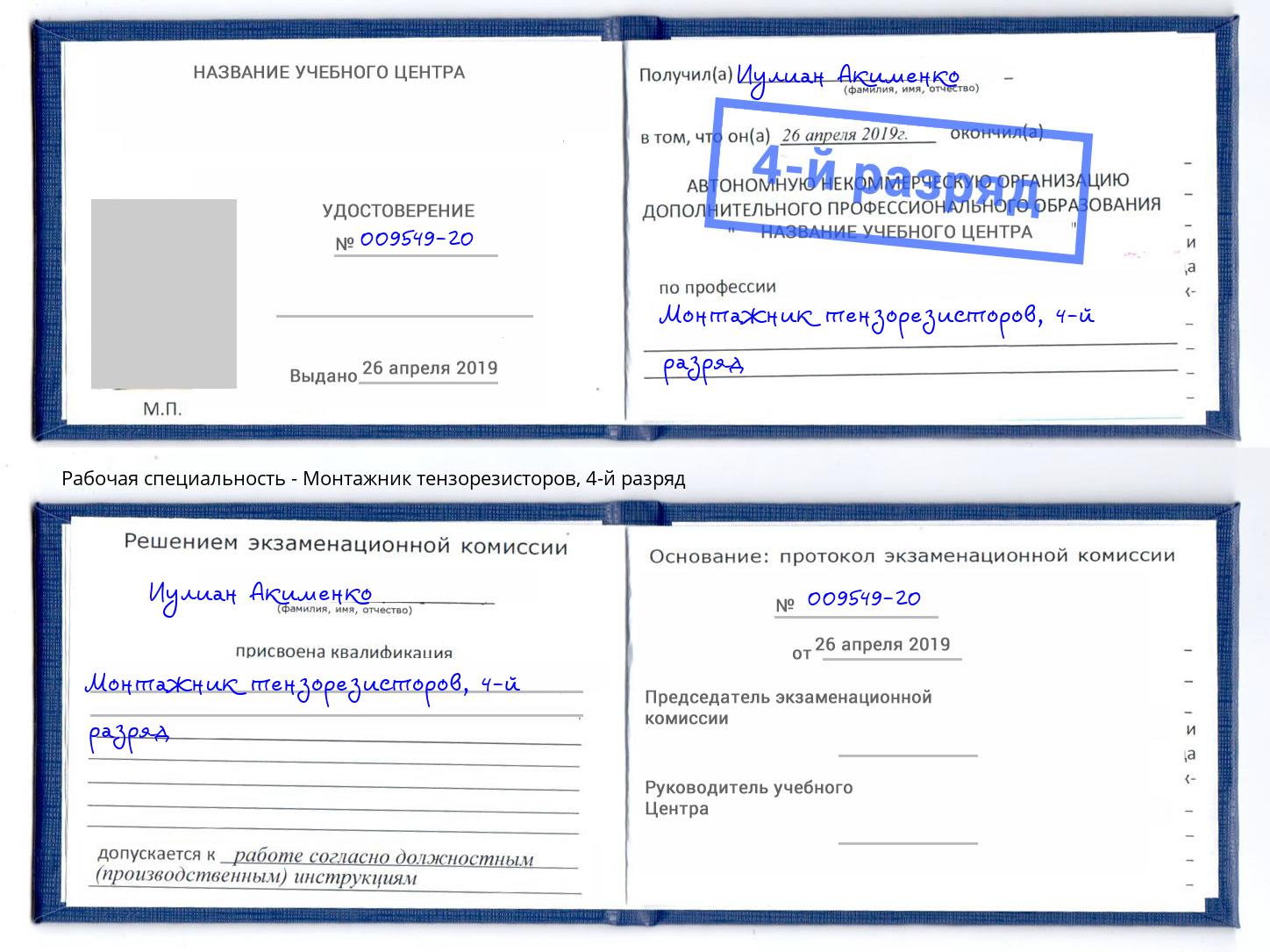 корочка 4-й разряд Монтажник тензорезисторов Прохладный