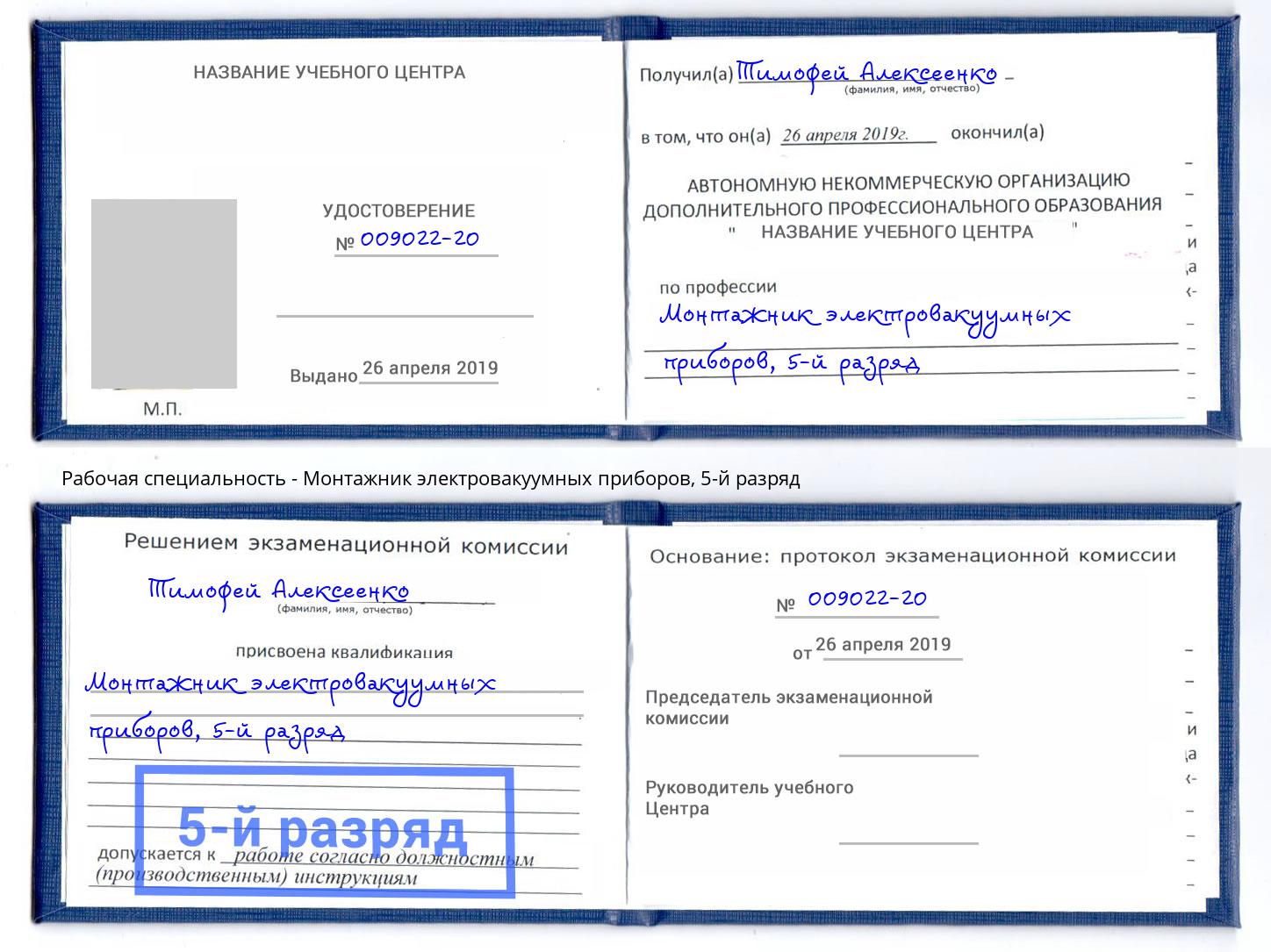 корочка 5-й разряд Монтажник электровакуумных приборов Прохладный