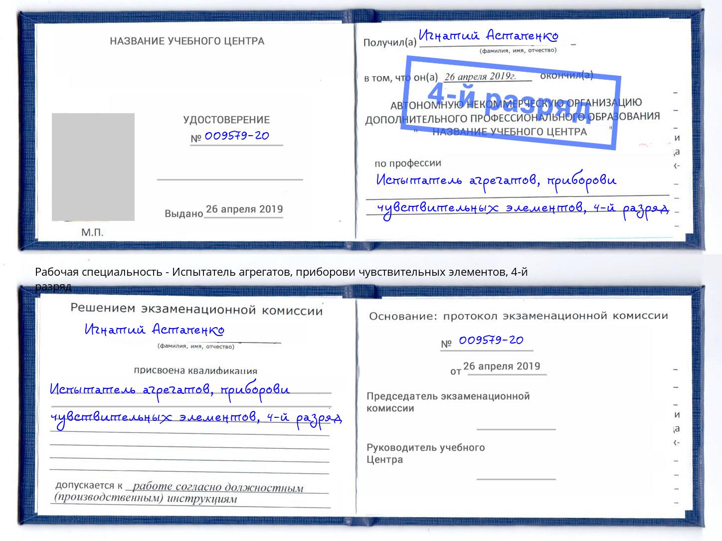 корочка 4-й разряд Испытатель агрегатов, приборови чувствительных элементов Прохладный