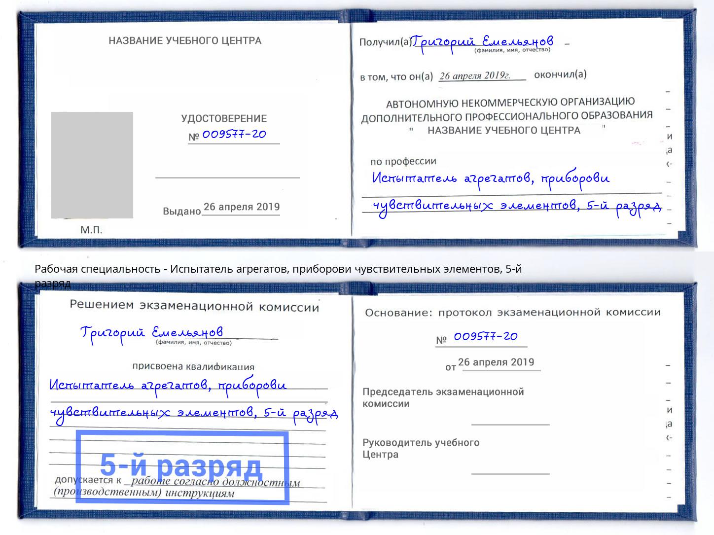 корочка 5-й разряд Испытатель агрегатов, приборови чувствительных элементов Прохладный