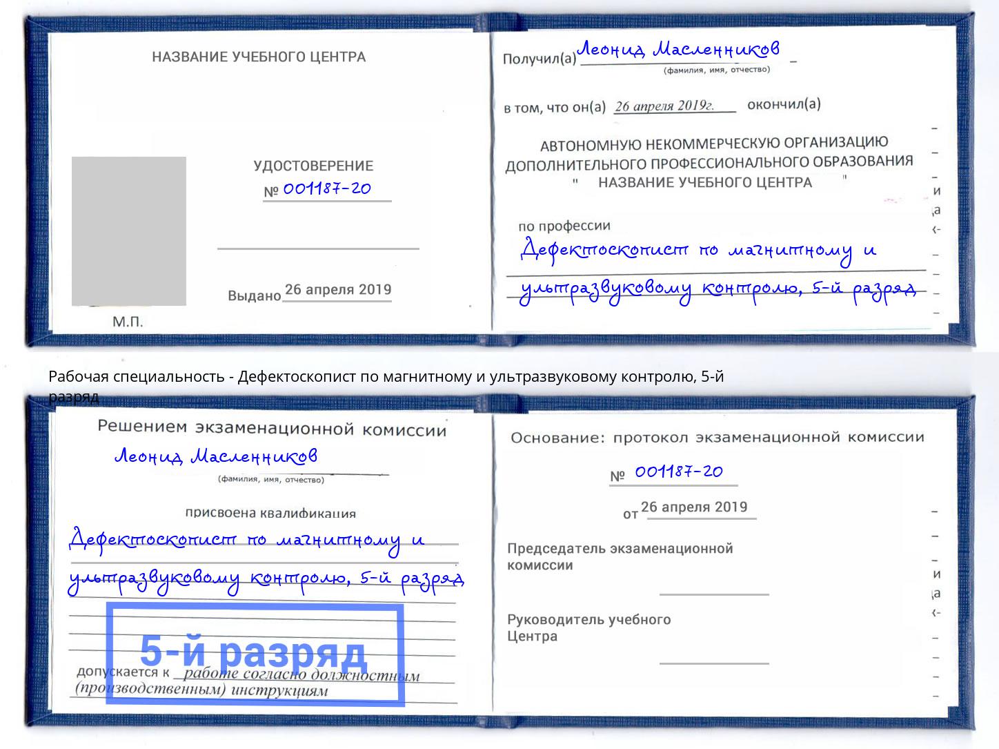 корочка 5-й разряд Дефектоскопист по магнитному и ультразвуковому контролю Прохладный