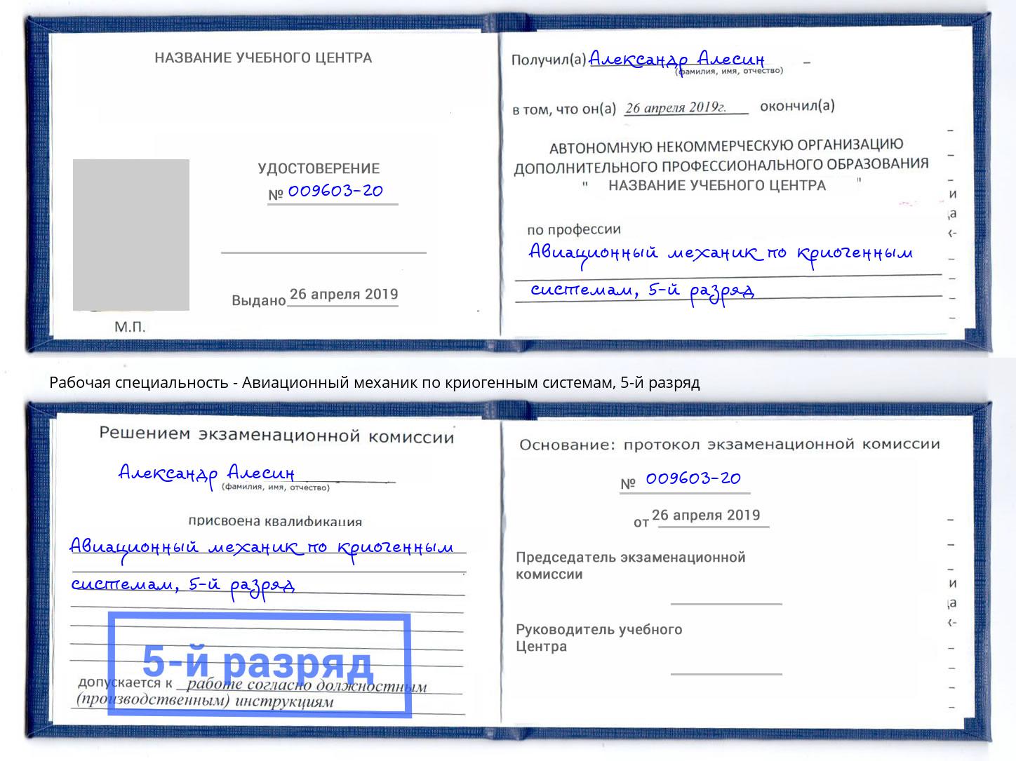 корочка 5-й разряд Авиационный механик по криогенным системам Прохладный