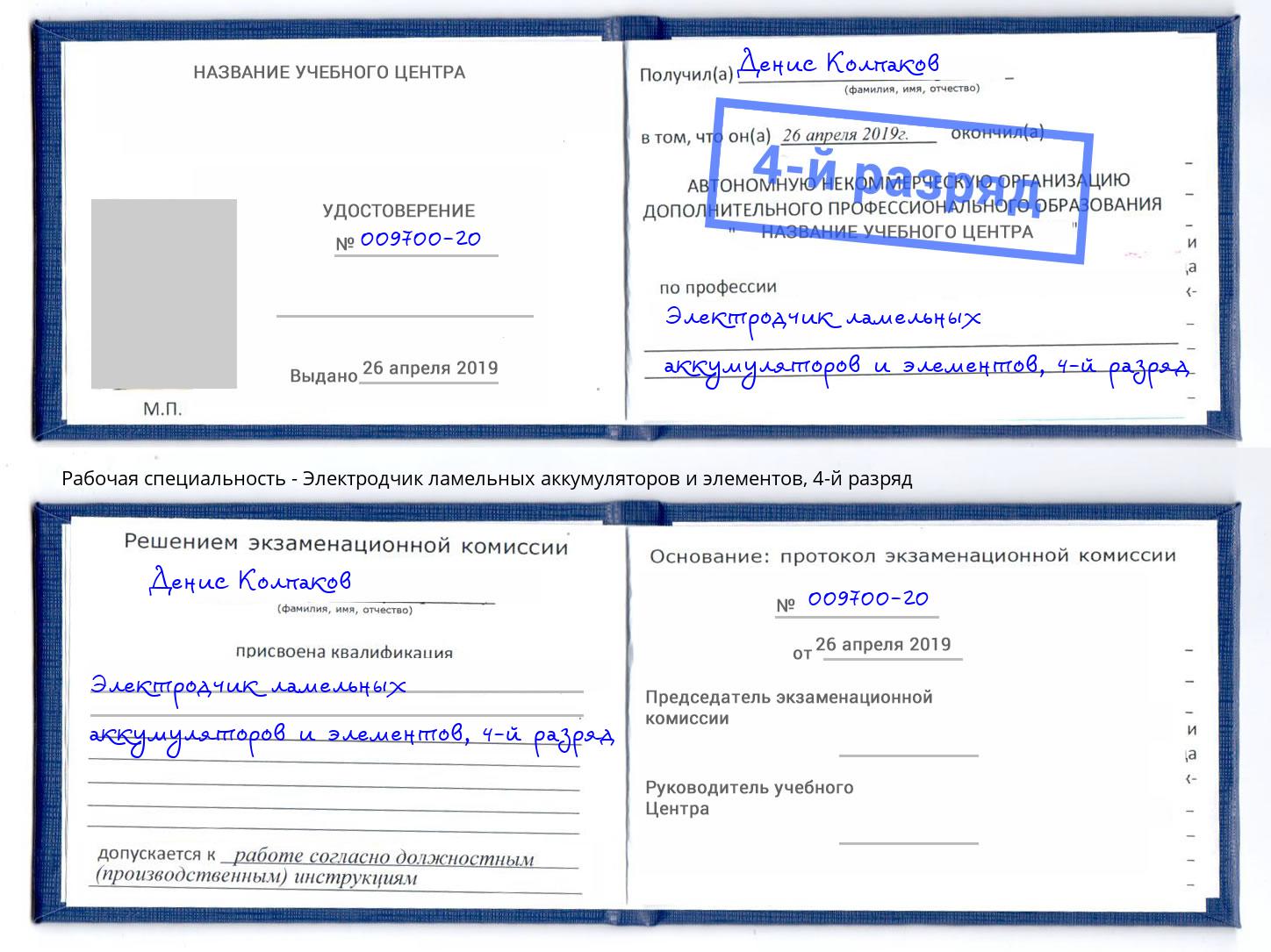 корочка 4-й разряд Электродчик ламельных аккумуляторов и элементов Прохладный