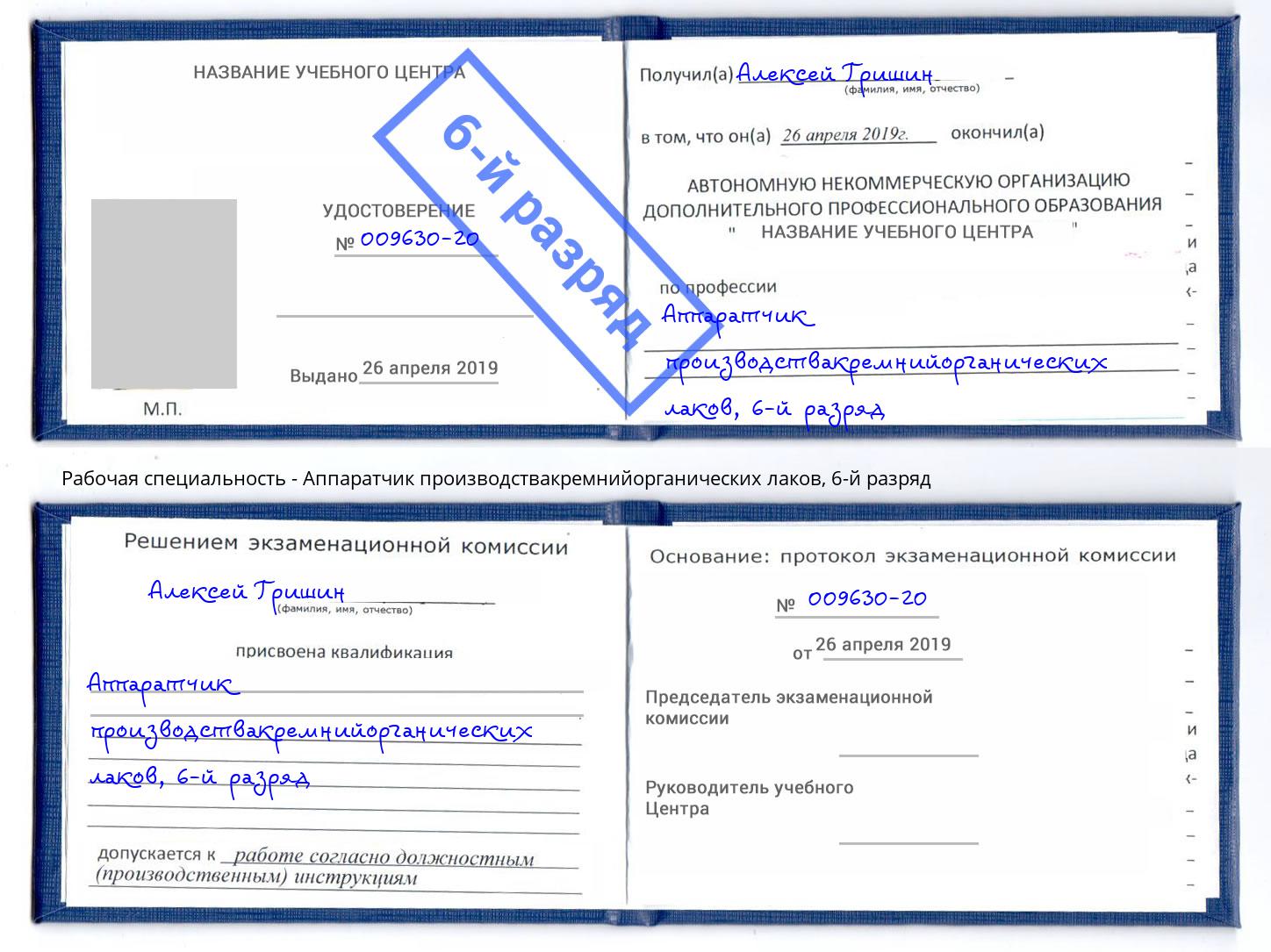 корочка 6-й разряд Аппаратчик производствакремнийорганических лаков Прохладный