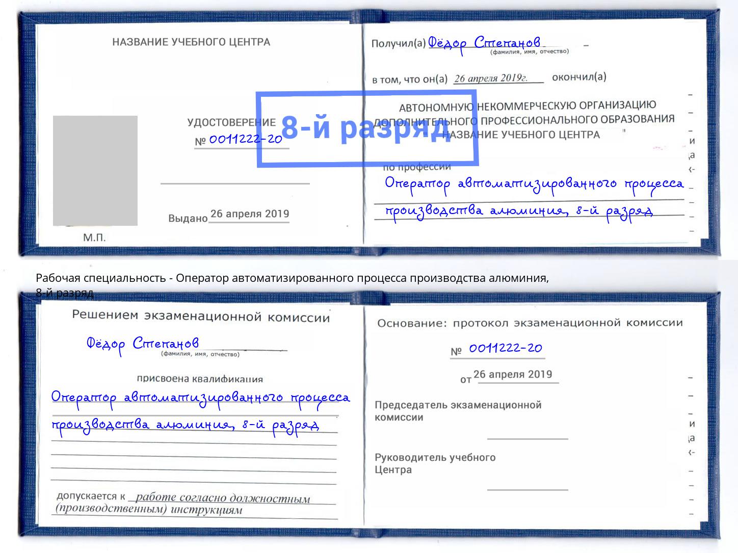 корочка 8-й разряд Оператор автоматизированного процесса производства алюминия Прохладный