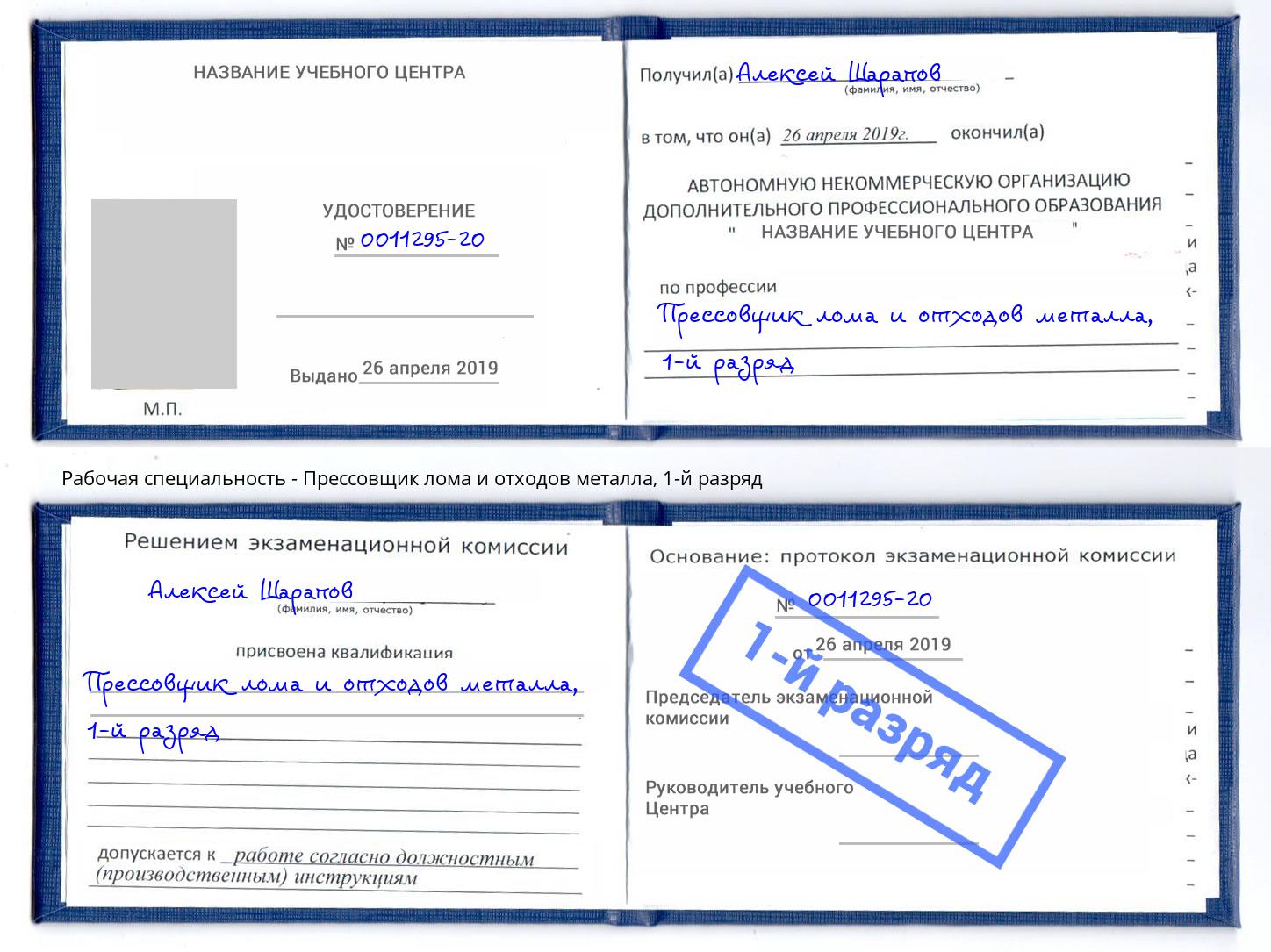 корочка 1-й разряд Прессовщик лома и отходов металла Прохладный