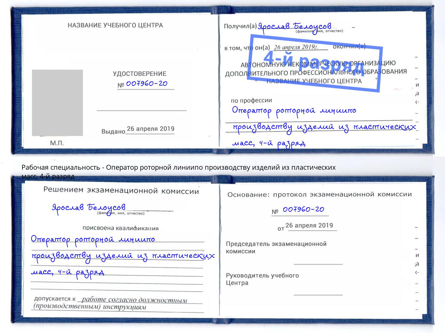 корочка 4-й разряд Оператор роторной линиипо производству изделий из пластических масс Прохладный