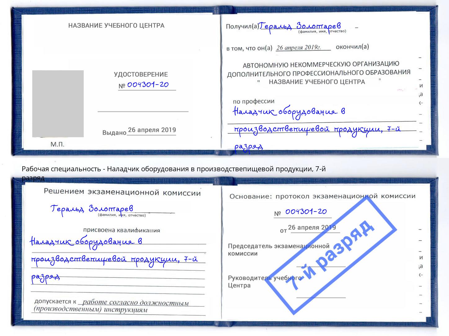 корочка 7-й разряд Наладчик оборудования в производствепищевой продукции Прохладный