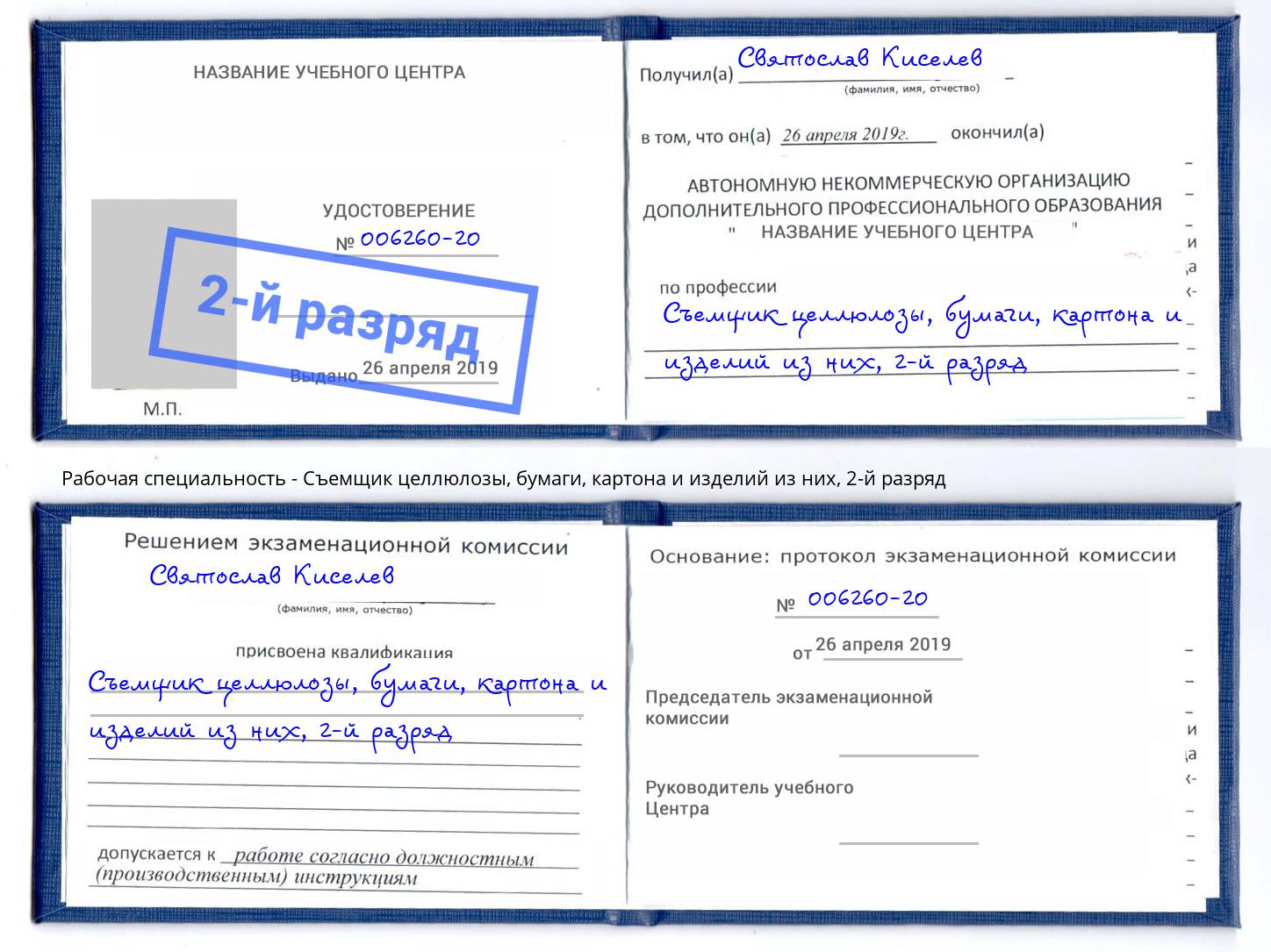 корочка 2-й разряд Съемщик целлюлозы, бумаги, картона и изделий из них Прохладный