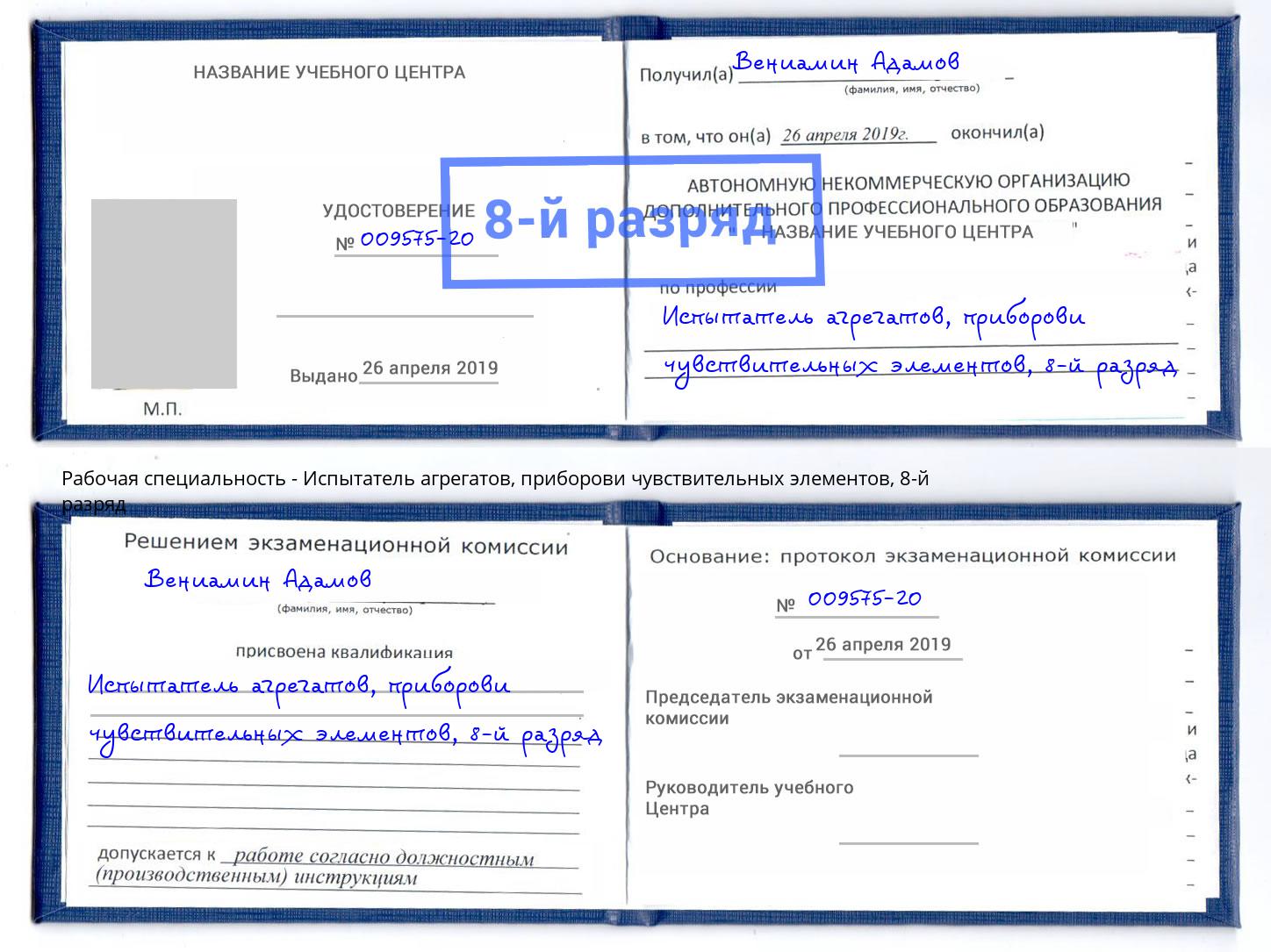 корочка 8-й разряд Испытатель агрегатов, приборови чувствительных элементов Прохладный